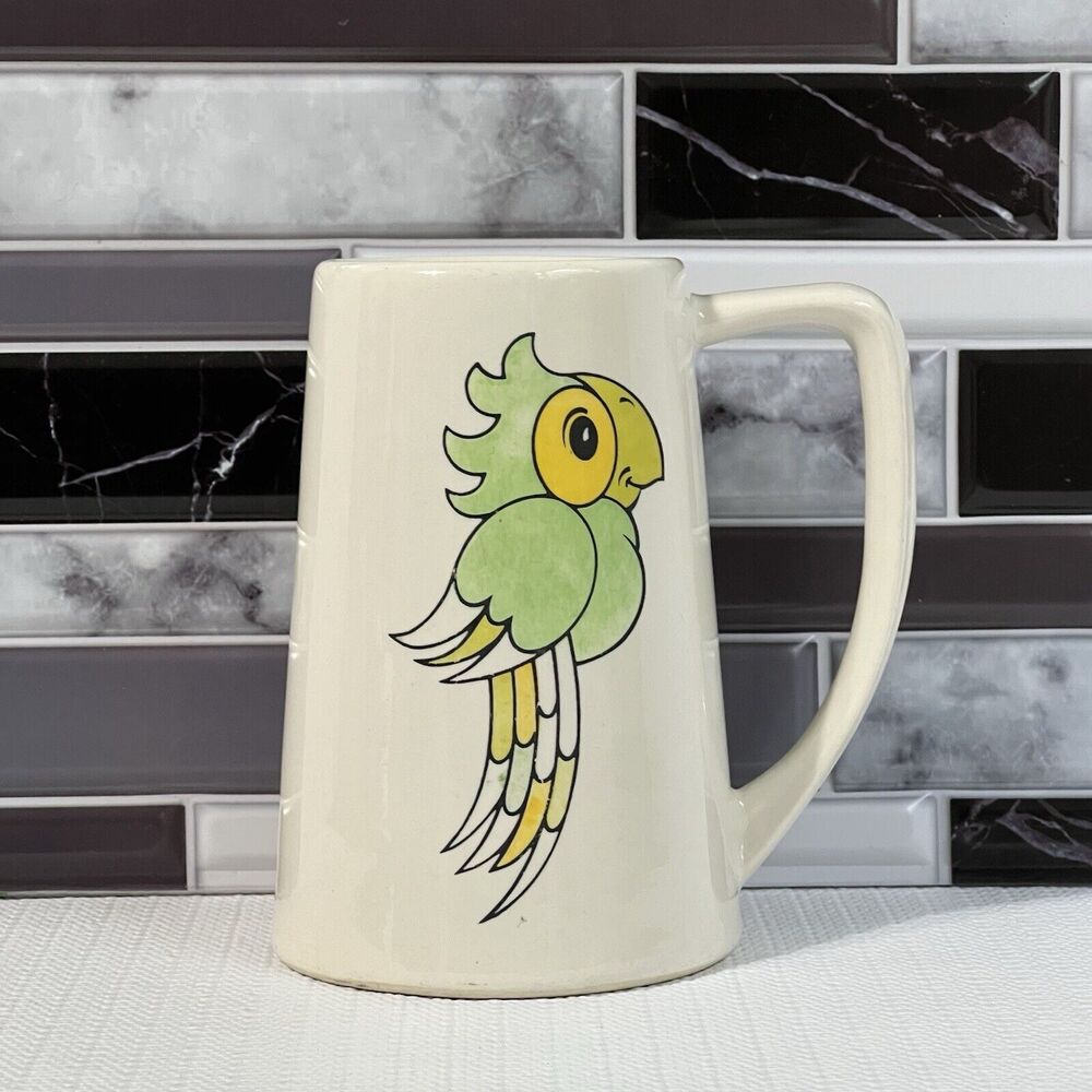 Vintage GREEN PARROT Ceramic Beer Stein Mug White Green Hand Painted Vase
